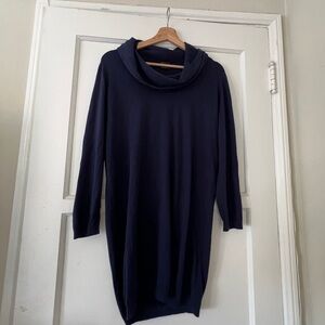 Massimo Dutti Cowl Neck Sweater Dress Size M Navy Silk Cotton Mini 3/4 Sleeves